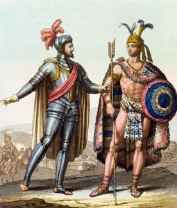 जूल्स फेरेरियो, मिलानो, c.1820 द्वारा &39;ले कॉस्टयूम Ancien कहां मॉडर्न&39; से हर्नन कोर्टेस (1485-1547) और मोंटेज़ुमा II (1466-1520) के बीच मुठभेड़