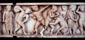 गैलो रोमन कला (गैलोरोमेन): एक ताबूत से संगमरमर की फ्रेज़ जिसमें बच्चों को खेलते हुए दर्शाया गया है। पेरिस, लौवर संग्रहालय द्वारा गालो रोमन गालो रोमन