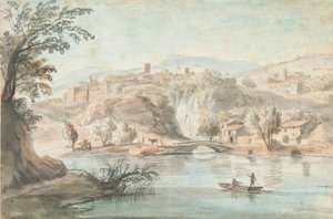 तिवोली में लैंडस्केप, 1701-10 (कलम, भूरे रंग की स्याही और कागज पर रंगीन राख) द्वारा गैस्पर वान विटेल