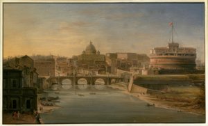 रोम: दूरी में Castel Sant'Angelo और St. Peter's के साथ दक्षिण की ओर देखते हुए Tiber का दृश्य
