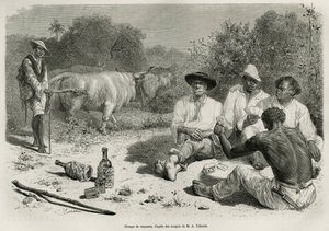 1878-1879 में फ्रांसीसी नौसेना के डॉक्टर जूल्स क्रेवॉक्स द्वारा डी केयेन ऑक्स एंडीज की कहानी को चित्रित करने के लिए, जी.वुइलियर द्वारा एक चित्र के बाद उत्कीर्णन, ताश खेलने और शराब पीने वाले वाक्वेरोस का एक समूह, अपने बैलों के झुंड के पास, 1878-1879 में प्र द्वारा गैस्टन वूलीयर