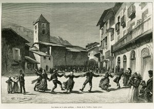 सार्वजनिक चौक में नृत्य। एडोअर्ड चार्टन (1807-1890), हैचेट, पेरिस द्वारा निर्देशित ले टूर डू मोंडे 1888 में, गैस्टन वुइलियर द्वारा ली वैल डी'अंडोरा की कहानी को चित्रित करने के लिए जी.वुइलियर द्वारा उत्कीर्णन। द्वारा गैस्टन वूलीयर