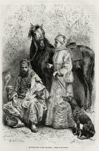 मिस्टर विल्फ्रिड ब्लंट (1840-1922), कवि और लेखक, और उनकी पत्नी, लेडी अन्ना ब्लंट (नी किंग नोएल (किंग नोएल) 1837-1917) के चित्र, मध्य पूर्व का पता लगाने वाली पहली यूरोपीय महिला, एक यात्रा सूट पहने हुए , उनके अस्तबल में अरब घोड़ों में से एक के सामने द्वारा गैस्टन वूलीयर