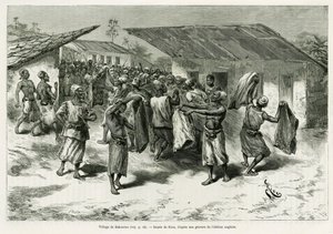 बकुरौ गांव, स्वदेशी लोगों को शांति वार्ता के लिए उपहार दिए जाते हैं। जी. वुइलियर द्वारा उत्कीर्णन, कहानी को स्पष्ट करने के लिए डैन लेस टेनेब्रेस डी ल'अफ़्रीक, रेचेर्चे ने खोज की और फिर से डी'मिन पाचा की खोज की द्वारा गैस्टन वूलीयर