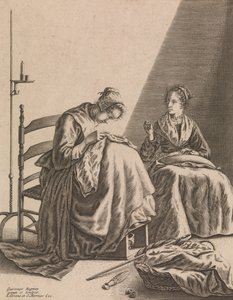 दो महिलाएं सिलाई करती हैं, पांच स्त्रैण व्यवसायों से प्लेट 1, सीए। 1640-57। द्वारा गीर्ट्रूयड्ट रोगमन