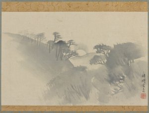 पहाड़ी, पेड़ और चंद्रोदय के साथ लैंडस्केप, ईदो अवधि, 1747-1868। द्वारा गेंकी