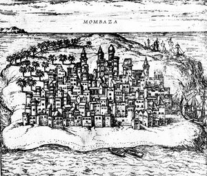 जॉर्ज ब्रून्स Civitates ऑर्बिस टेरारम से मोम्बाजा का दृश्य, 1572 में प्रकाशित 483404 का विवरण द्वारा जॉर्ज ब्रौन और फ्रांज होजेनबर्ग