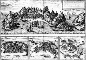 1572 में प्रकाशित जॉर्ज ब्रौन की &39;सिविटेट्स ऑर्बिस टेरारम&39; से अदन, मोम्बाज़ा, क्विलोआ और सेफ़ाला के दृश्य