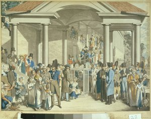 कार्ल्सबेडर फाउंटेन, 1810 में स्वास्थ्य समुदाय (जलीय ड्राइंग) द्वारा जॉर्ज एमानुएल ओपित्ज़