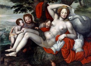 ""Leda et le cygne"" - Leda and the Swan par Pencz, Georg (Jorg) (1500/02-1550), 16वीं सदी के मध्य में। - लकड़ी पर तेल, 92x126 - म्यूजियो डेल प्राडो, मैड्रिड द्वारा जॉर्ज पेन्कज़