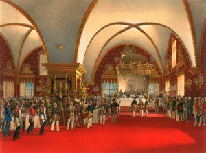 मास्को क्रेमलिन, 1856 में पैलेस ऑफ द फैक्ट्स के हॉल में राज्याभिषेक भोज।