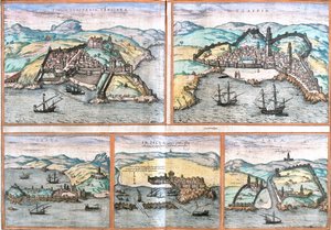 Tangier, Safi, Ceuta, Asilah, Salé, मोरक्को, ब्रौन और होजेनबर्ग की पुस्तक Civitates orbis terrarum से। प्रकाशन वर्ष 1572, कोलोन।