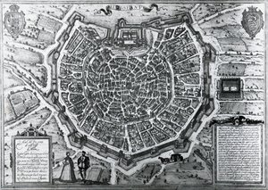 मिलान का शहर का नक्शा, 1572 में, एंटोनियो लाफ्रेरी द्वारा (1512-1577), जॉर्ज ब्रौन और फ्रांज होगेनबर्ग, इटली द्वारा प्रकाशित द्वारा फ्रांसो