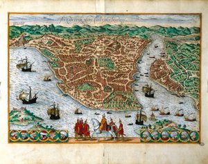 जॉर्ज ब्राउन (1541-1622) और फ्रांज होगेनबर्ग (1535-1590), रंग उत्कीर्णन द्वारा इटली, मिलान, कॉन्स्टेंटिनपोल शहर का परिप्रेक्ष्य दृश्य द्वारा फ्रांसो