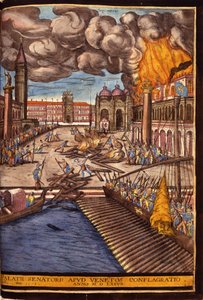 1577 में वेनिस में सेंट मार्क स्क्वायर पर ड्यूकल पैलेस की महान आग। जॉर्ज ब्रौन द्वारा उत्कीर्णन "" सिविटैटिस ऑर्बिस टेरारम"" खंड I में फ्रांज होगेनबर्ग द्वारा लिखित (1535-1590)