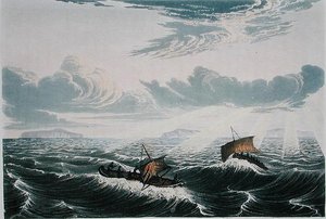 एडवर्ड फाइंडन द्वारा उकेरी गई सर जॉन फ्रैंकलिन (1786-1847) द्वारा 'नैरेटिव ऑफ ए जर्नी टू द शोर्स ऑफ द ईयर्स 1819-22' से डोंगी, सूर्योदय के समय, 23 अगस्त 1821 को हवा के झोंके में। 1791-1857) 1823-28 प्रकाशित (रंग उत्कीर्णन)