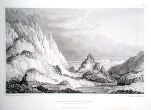 एडवर्ड फाइंडेन (1791-1857) द्वारा उकेरी गई सर जॉन फ्रैंकलिन (1786-1847) की 'नैरेटिव ऑफ ए जर्नी टू द शोर्स ऑफ द पोलर सी इन द ईयर्स 1819-22' से, समुद्र की ओर देखने के साथ बर्फीले चट्टान का पालन करते हुए हिमखंड प्रकाशित 1823-28 (उत्कीर्णन)