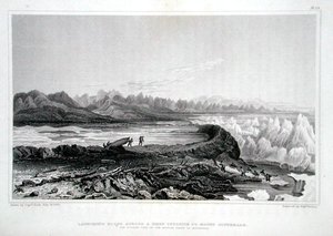 एडवर्ड फाइंडन (1791-1857) द्वारा उकेरी गई सर जॉन फ्रैंकलिन (1786-1847) द्वारा 1823 में प्रकाशित 'नैरेटिव ऑफ ए जर्नी टू द शोर्स ऑफ द पोलर सी इन द ईयर्स 1819-22' से माउंट कॉनबीयर के सामने एक रीफ में नावों का शुभारंभ -28 (रंग उत्कीर्णन)