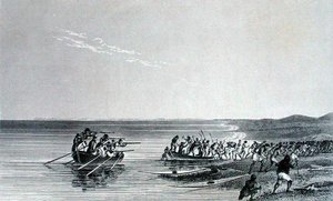 एडवर्ड फाइंडन (1791-1857) द्वारा उकेरी गई सर जॉन फ्रैंकलिन (1786-1847) द्वारा 'द नेरेटिव ऑफ ए सेकेंड एक्सपीडिशन टू द शोर्स ऑफ पोलर सी इन द ईयर्स 1825-27' से द बोट्स गेटिंग अफ्लोट, 1828 में प्रकाशित (उत्कीर्णन)