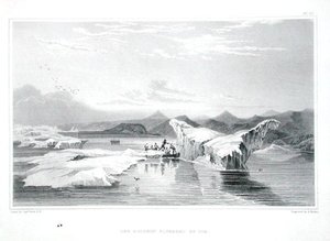 एडवर्ड फाइंडन (1791-1857) द्वारा उकेरी गई सर जॉन फ्रैंकलिन (1786-1847) द्वारा 'नैरेटिव ऑफ ए जर्नी टू द शोर्स ऑफ द पोलर सी इन द ईयर्स 1819-22' से बर्फ से निचोड़ी गई डॉल्फिन 1823-28 में प्रकाशित (रंगीन) उत्कीर्णन)