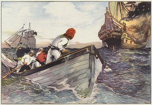 एक सुरक्षित दूरी की वजह से, समुद्री लुटेरे लेटे हुए और प्रसन्नचित्त होकर आग की लपटों को देखते रहे