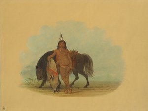 एक शायेन योद्धा अपने घोड़े को आराम देते हुए, 18611869। द्वारा जॉर्ज कैटलिन