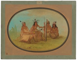 एक वृद्ध ओजिबेवे प्रमुख और तीन योद्धा द्वारा जॉर्ज कैटलिन