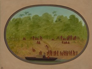 एक ओमागुआ गांव - नाव स्केच, 18541869। द्वारा जॉर्ज कैटलिन