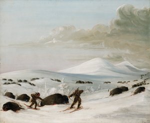 स्नोड्रिफ्ट्स में बफ़ेलो चेस, स्नोशोज़ पर पीछा करने वाले भारतीय, 1832-1833। द्वारा जॉर्ज कैटलिन