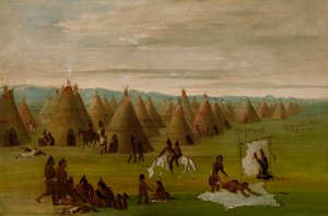 Comanche गांव, महिला ड्रेसिंग रोब और सुखाने मांस, 1834-1835। द्वारा जॉर्ज कैटलिन