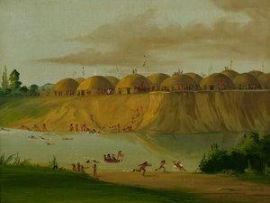 हिदत्सा गांव, पृथ्वी से ढके हुए लॉज, नाइफ नदी पर, सेंट लुइस से 1810 मील ऊपर, 1832। द्वारा जॉर्ज कैटलिन