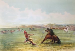जंगली घोड़ों को पकड़ने वाले ओसेज शिकारी (रंग लिथो)