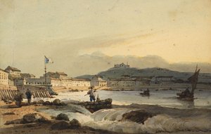 सेंट पीटर के किले के साथ दक्षिण से प्रया ग्रांडे, मकाओ, 1830-1845 को बाईं ओर द्वारा जॉर्ज चिन्नारी