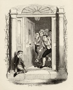 चार्ल्स डिकेंस (1812-70) 1838 के &39;द एडवेंचर्स ऑफ ओलिवर ट्विस्ट&39; से मिसेज मेयली के दरवाजे पर ओलिवर ट्विस्ट, 1901 में चैपमैन und हॉल द्वारा प्रकाशित द्वारा जॉर्ज क्रूइशांक