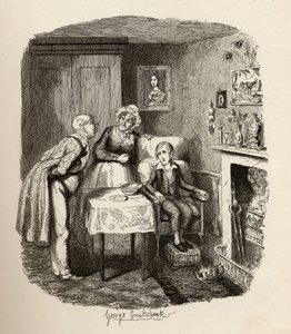 चार्ल्स डिकेंस (1812-70) 1838 के &39;द एडवेंचर्स ऑफ ओलिवर ट्विस्ट&39; से, बुखार से उबरने वाला ओलिवर, 1901 में चैपमैन und हॉल द्वारा प्रकाशित द्वारा जॉर्ज क्रूइशांक