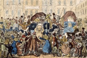 इंग्लैंड में यात्रा, या व्हाइट हॉर्स सेलर से एक झाँकी, 1819 (हाथ से रंग की नक्काशी) द्वारा जॉर्ज क्रूइशांक