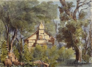 स्टोन हाउस, रिचमंड गार्डन, केव गार्डन से प्लेट 23: स्टोन ऑन ट्वेंटी-फोर ड्रॉइंग, चार्ल्स हुलमंडेल द्वारा उत्कीर्ण (1789-1850) 1820 (हाथ से रंगी लिथो)