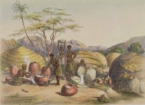 तुगाला में गुड्डू का क्राल, महिलाएं बीयर बनाती हैं, &39;द काफिर इलस्ट्रेटेड&39; से प्लेट 26, 1849 द्वारा जॉर्ज फ्रेंच एंगस