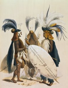 राजा पांडा की सेना के ज़ुलु सैनिक, 1849 में &39;द काफिर इलस्ट्रेटेड&39; से प्लेट द्वारा जॉर्ज फ्रेंच एंगस