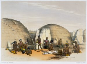 झोपड़ियों और स्क्रीन के साथ उमालाज़ी में ज़ुलु क्राल, 1849