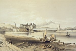 कॉनवे ब्रिज, दूसरा ट्यूब का निर्माण, सितंबर 1848, कलाकार द्वारा उकेरा गया