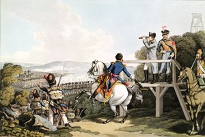 बोनापार्ट (1769-1821) अपनी उड़ान से ठीक पहले, 18 जून 1815 को अपने इम्पीरियल गार्ड, वाटरलू के हमले को देखते हुए, मैथ्यू डबबर्ग (fl.1813-20) द्वारा उकेरा गया द्वारा जॉर्ज हम
