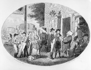 आइजैक क्रूइशांक द्वारा उत्कीर्ण ओल्ड हैट्स टैवर्न के बाहर, 1796