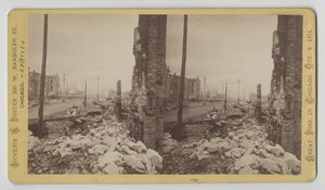 1871, 1871 के शिकागो फायर (कार्ड माउंट पर बीडब्ल्यू फोटो) के बाद लासेल स्ट्रीट के कोने से वॉशिंगटन स्ट्रीट की स्टीरियोोग्राफ़