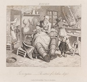 नाई की दुकान, रूवेन, c.1821 (नक़्क़ाशी)