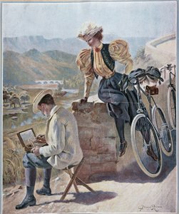 जल रंग और साइकिल चलाना - जॉर्जेस रॉक्स द्वारा लिथोग्राफी, v.1900