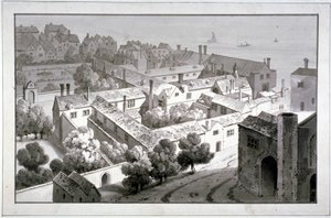 विंचेस्टर के महल, साउथवार्क, लंदन के बिशप का विहंगम दृश्य, c1820। द्वारा जॉर्ज शेफर्ड