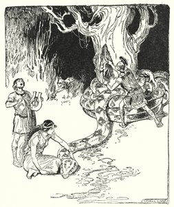 जेसन और अर्गोनॉट्स: "फिर जेसन ने युद्धपूर्वक छलांग लगाई, और पेड़ के तने से ऊन को फाड़ दिया" (लिथो) द्वारा जॉर्ज सॉपर
