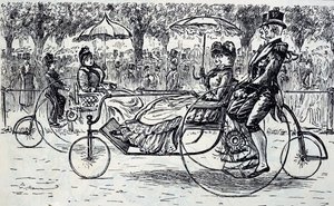 साइकिल कैरिज में सवार यात्रियों को दर्शाती एक उत्कीर्णन। एक फ्रेंको-ब्रिटिश कार्टूनिस्ट और लेखक जॉर्ज डू मौरियर (1834-1896) द्वारा चित्रित द्वारा जॉर्ज डू मौरियर