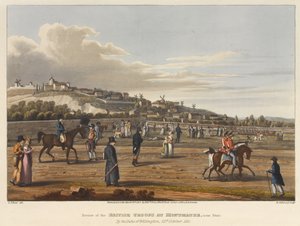 21 अक्टूबर 1815 को ड्यूक ऑफ वेलिंगटन, पेरिस के पास, मोंटमेट्रे [sic] में ब्रिटिश सैनिकों की समीक्षा, एम। डबबर्ग, 1819 (रंगीन जलीय) द्वारा उकेरी गई